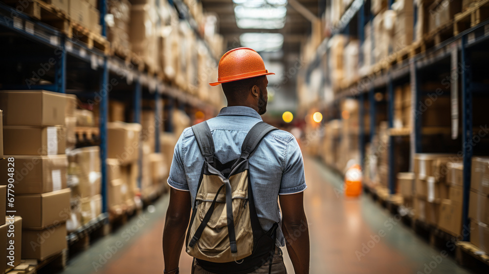 Worker navigating large warehouse Worker navigating large warehouse