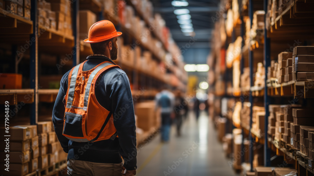 Worker navigating large warehouse Worker navigating large warehouse