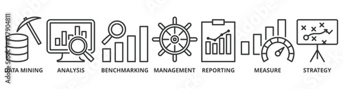 Business intelligence banner web icon vector illustration concept with icon of data mining, analysis, benchmarking, management, reporting, measure, and strategy