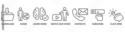 Call to action banner web icon vector illustration concept with icon of download, share, learn more, watch our video, contact us, subscribe, and click here