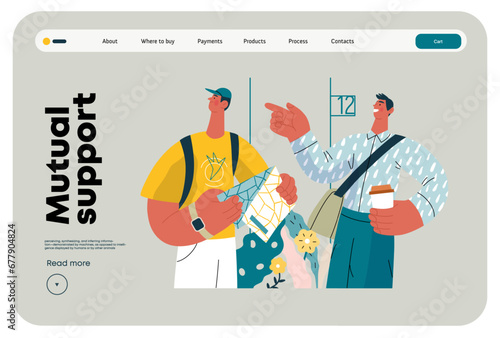 Mutual Support: Directing a passerby -modern flat vector concept illustration of man pointing the way to a tourist. A metaphor of voluntary, collaborative exchanges of resource, services