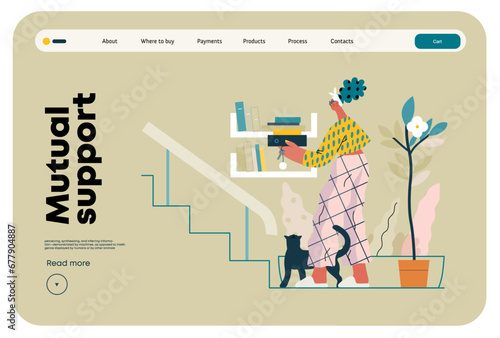 Mutual Support: Book Swap -modern flat vector concept illustration of a woman leaving books on a shelf in hallway for neighbors A metaphor of voluntary, collaborative exchanges of resource, services