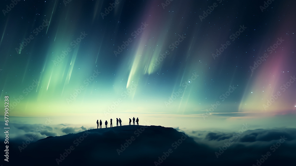 northern lights in the night sky, aurora borealis, a group of people watching the night landscape with a multicolored glow in the sky - obrazy, fototapety, plakaty 