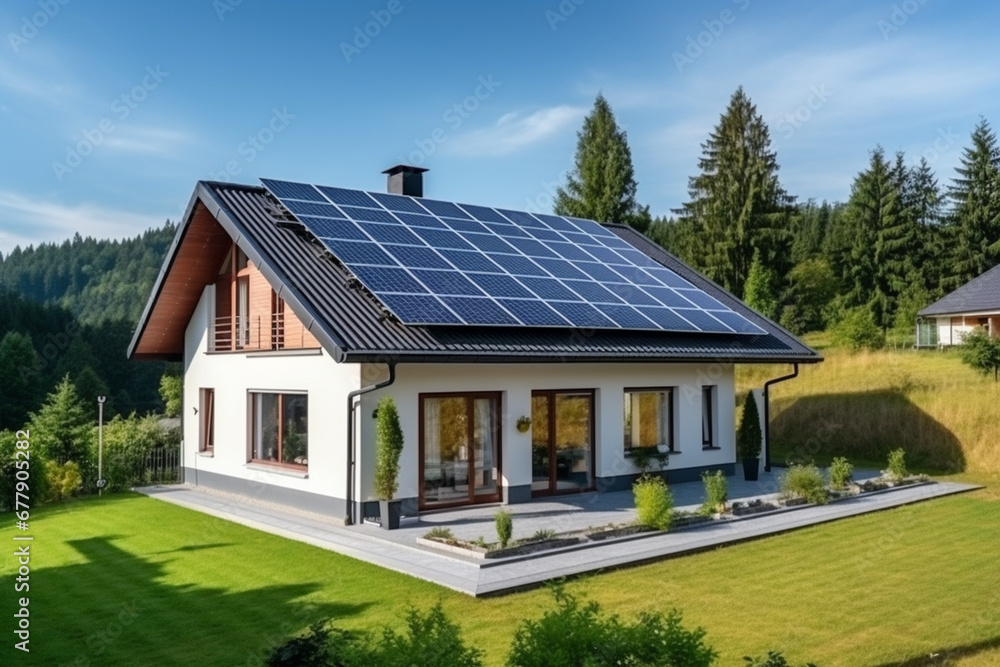 New suburban house with a photovoltaic system on the roof. Modern eco friendly passive house with landscaped yard. Solar panels on the gable roof