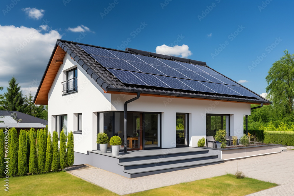 New suburban house with a photovoltaic system on the roof. Modern eco friendly passive house with landscaped yard. Solar panels on the gable roof