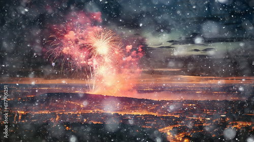 winter fireworks over the city panoramic view of the sky with fireworks flashes, christmas background with snow, winter abstract holiday blank snowfall