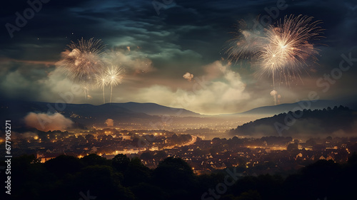 fireworks over the city panoramic view of the sky with fireworks flashes  abstract festive letterhead