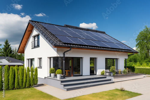 New suburban house with a photovoltaic system on the roof. Modern eco friendly passive house with landscaped yard. Solar panels on the gable roof © Enrique
