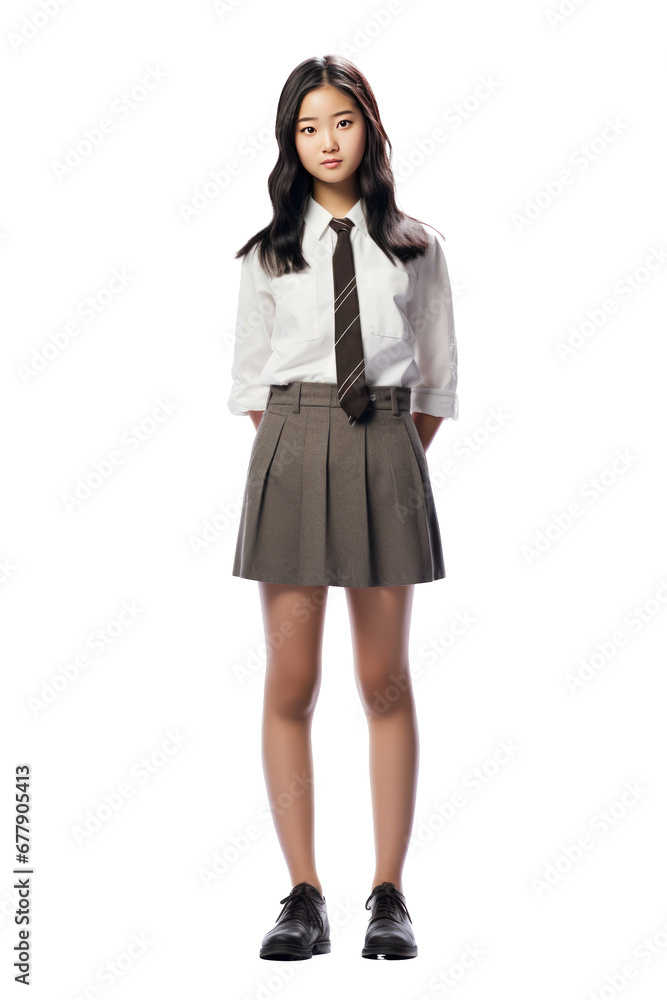 Young asian woman in school uniform on white background