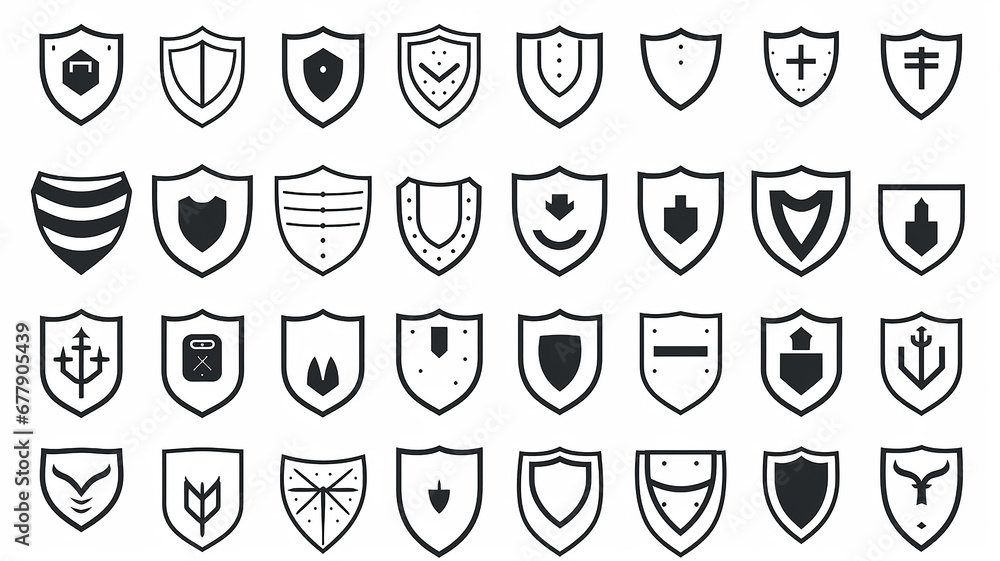 collection of shield icons isolated on a white background, flat minimalism graphics, set of protection icons - obrazy, fototapety, plakaty 