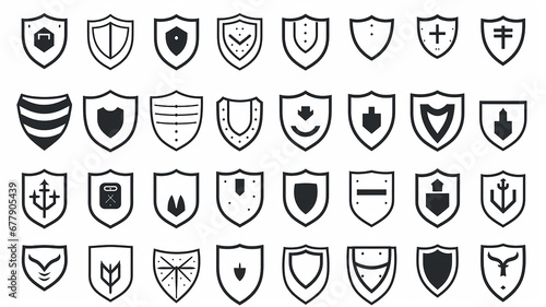 collection of shield icons isolated on a white background, flat minimalism graphics, set of protection icons photo