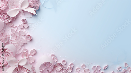 abstract smooth blue light background with delicate pastel floral ornament, frame for greetings and text
