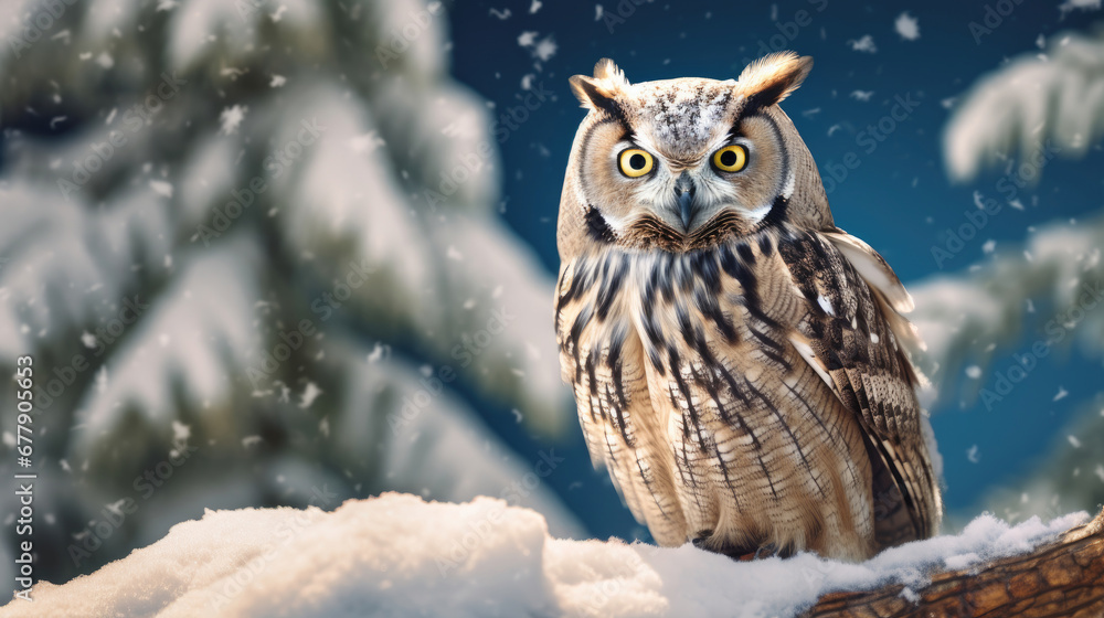 A Watchful Owl Is Perched In The Snow-Covered Forest , Background For Banner, HD A Watchful Owl Is Perched In The Snow-Covered Forest , Background For Banner, HD