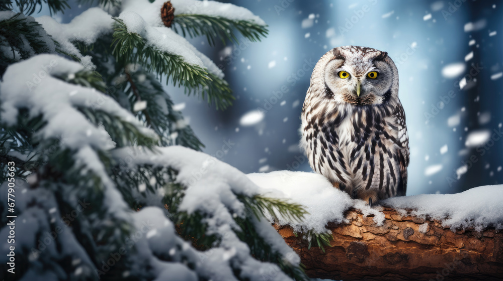 A Watchful Owl Is Perched In The Snow-Covered Forest , Background For Banner, HD A Watchful Owl Is Perched In The Snow-Covered Forest , Background For Banner, HD