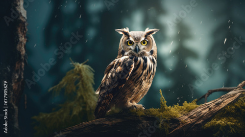 A Watchful Owl Is Perched In The Misty Forest, Background For Banner, HD