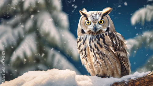 A Watchful Owl Is Perched In The Snow-Covered Forest  , Background For Banner, HD © ACE STEEL D