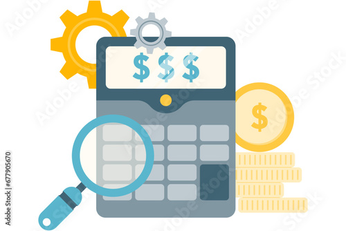illustration of calculator and magnifying glass, calculating monthly budget