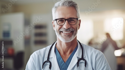 Portrait Of Mature Male Doctor Wearing White Coat Standing In Hospital photo