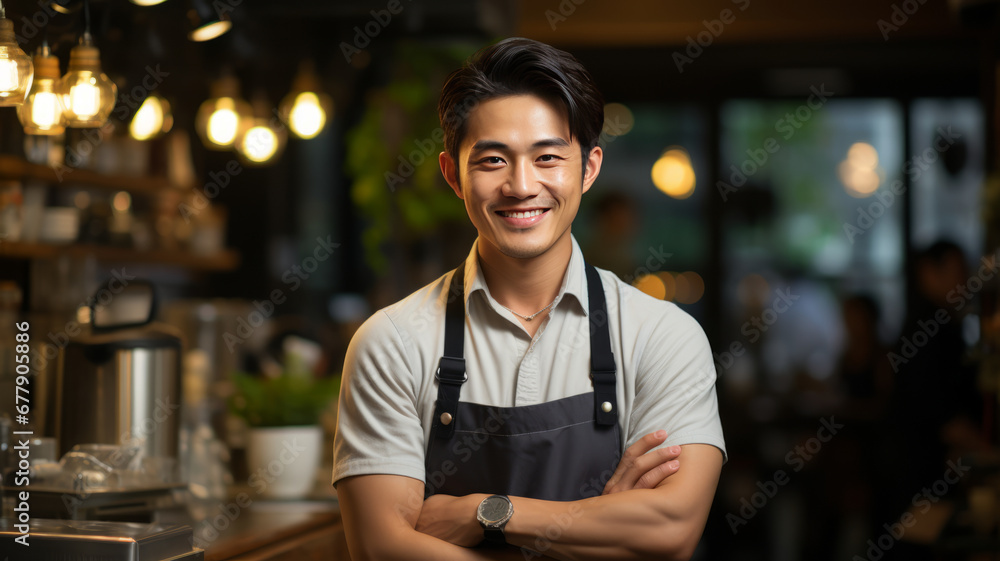 Asian barista with tablet at cafe entrance. Asian barista with tablet at cafe entrance.