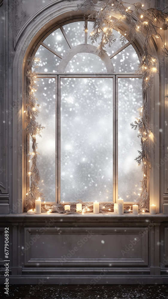 high panoramic window in Christmas decoration, design of glowing lights and small bulbs, background copy space vertical