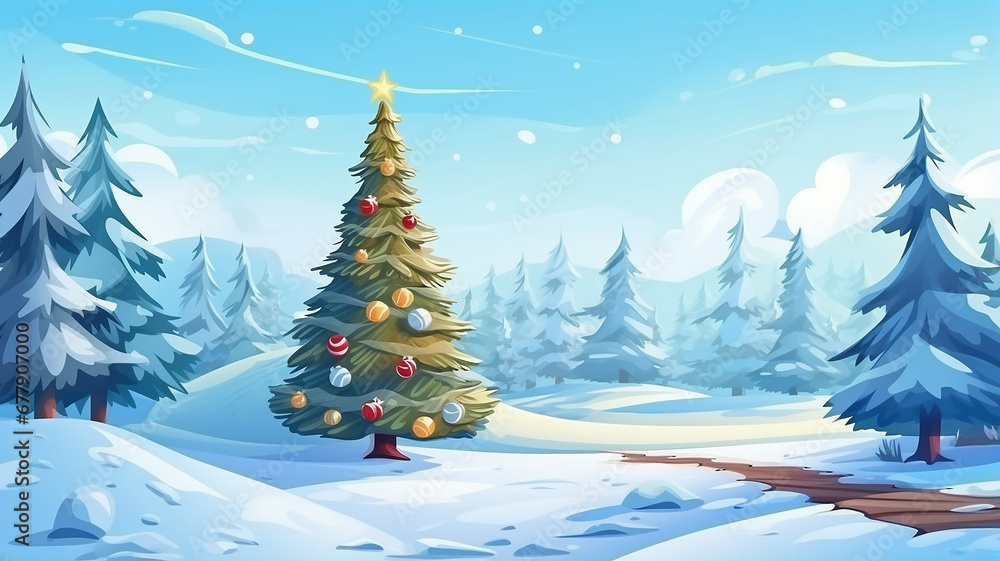 a large Christmas tree decorated in a forest clearing, a greeting card for the new year, simple flat graphics
