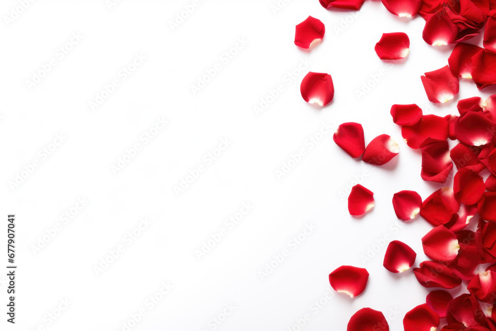 white background with red rose petals