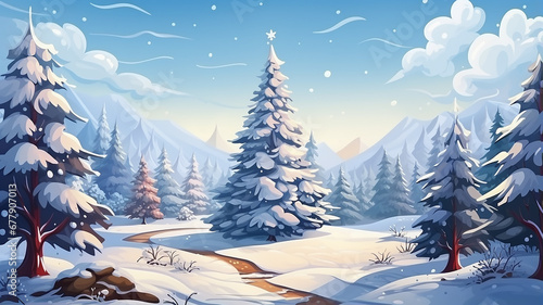 a large Christmas tree decorated in a forest clearing, a greeting card for the new year, simple flat graphics © kichigin19