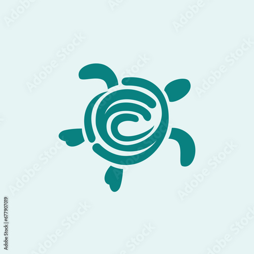 silhouette of a sea turtle with a swirling current for the shell logo
