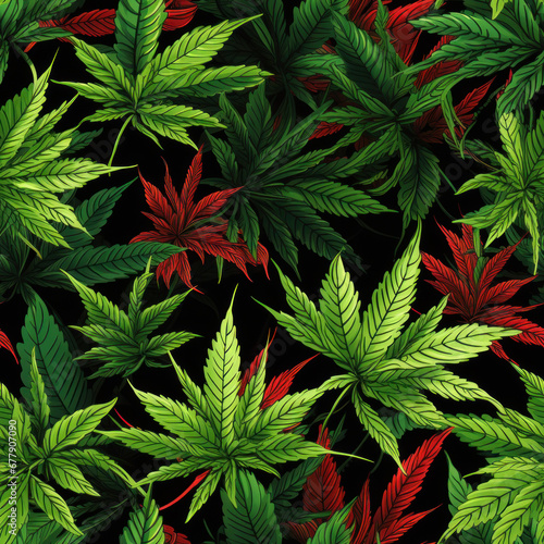 background pattern with green and red cannabis hemp leaves