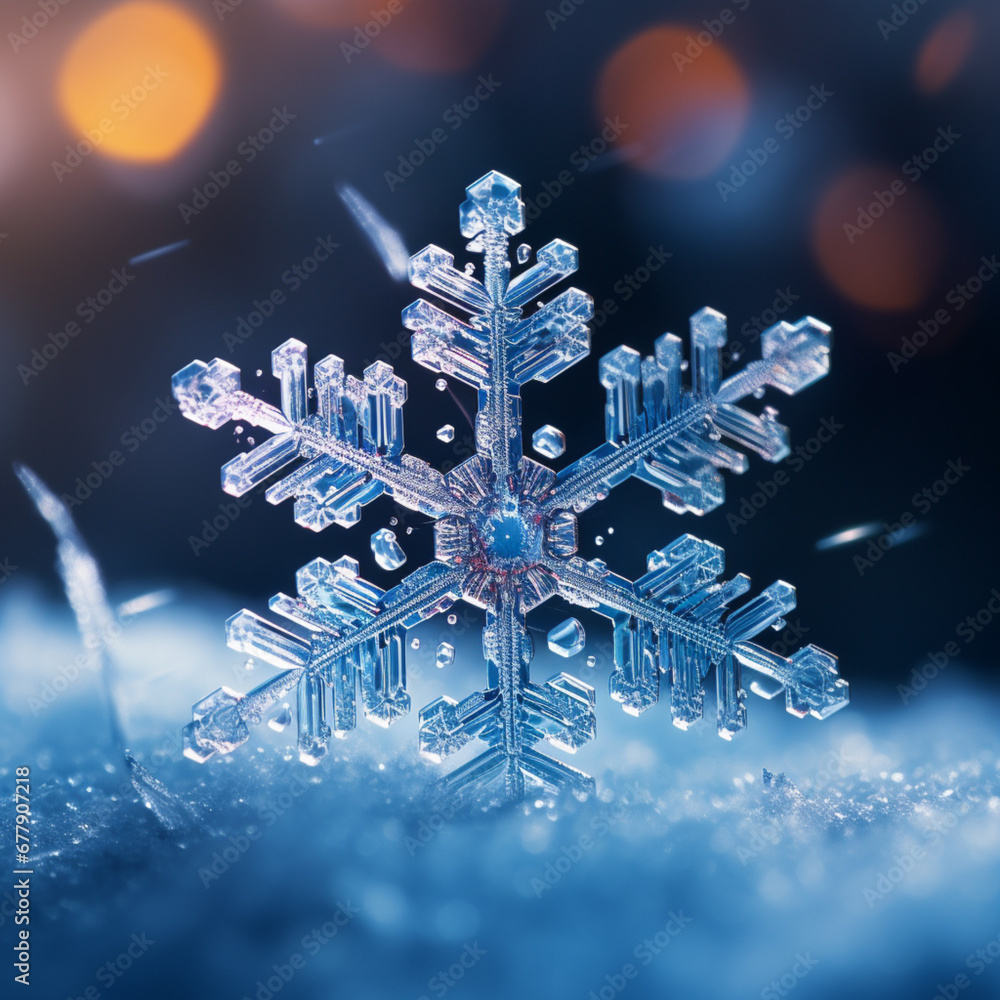 The snowflake is placed on a blue cloth