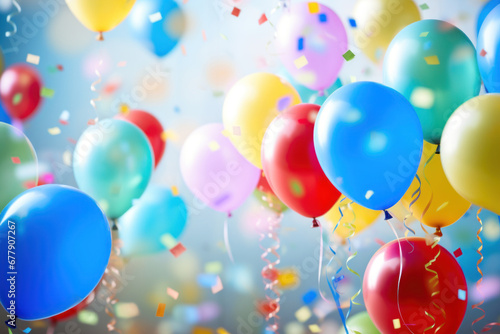 bright festive background with balloons and confetti.​