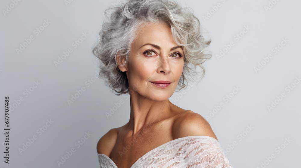 Studio shoot of a caucasian aging older model with gray hair on grey background. Close up beautiful mature woman with wrinkle healthy face skin. Senior lady natural beauty treatment anti aging concept Studio shoot of a caucasian aging older model with gray hair on grey background. Close up beautiful mature woman with wrinkle healthy face skin. Senior lady natural beauty treatment anti aging concept