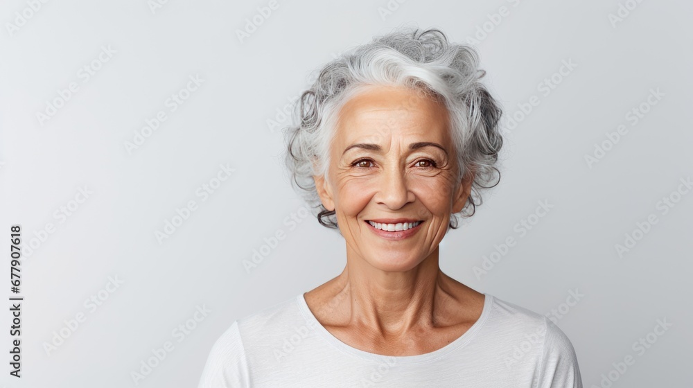 Studio shoot of a caucasian aging older model with gray hair on grey background. Close up beautiful mature woman with wrinkle healthy face skin. Senior lady natural beauty treatment anti aging concept Studio shoot of a caucasian aging older model with gray hair on grey background. Close up beautiful mature woman with wrinkle healthy face skin. Senior lady natural beauty treatment anti aging concept