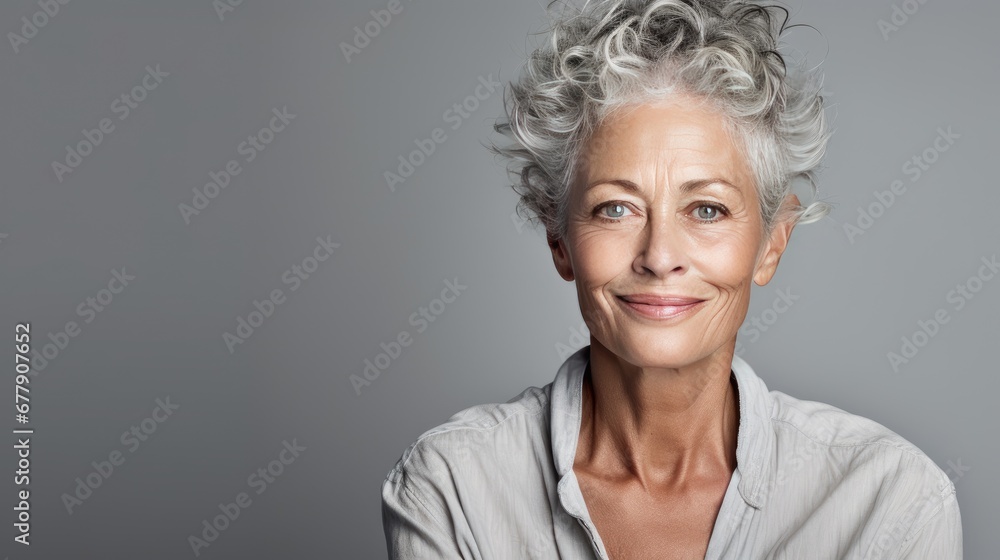 Studio shoot of a caucasian aging older model with gray hair on grey background. Close up beautiful mature woman with wrinkle healthy face skin. Senior lady natural beauty treatment anti aging concept Studio shoot of a caucasian aging older model with gray hair on grey background. Close up beautiful mature woman with wrinkle healthy face skin. Senior lady natural beauty treatment anti aging concept
