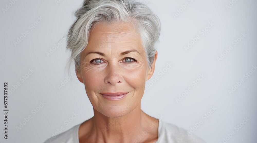 Studio shoot of a caucasian aging older model with gray hair on grey background. Close up