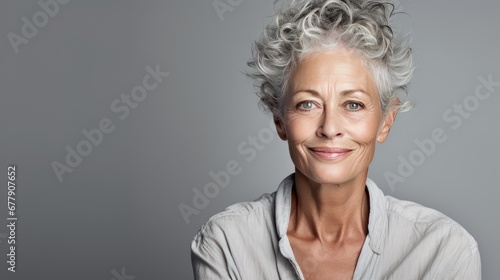 Studio shoot of a caucasian aging older model with gray hair on grey background. Close up beautiful mature woman with wrinkle healthy face skin. Senior lady natural beauty treatment anti aging concept photo