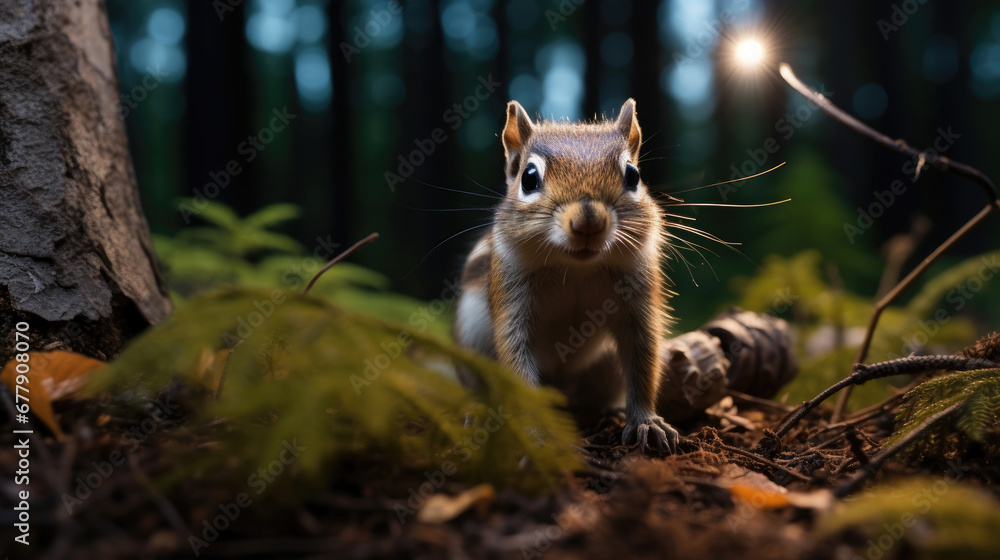 A Curious Chipmunk Is In The Twilight Forest, Background For Banner, HD A Curious Chipmunk Is In The Twilight Forest, Background For Banner, HD