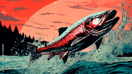 Illustration of a salmon leaping upstream photo