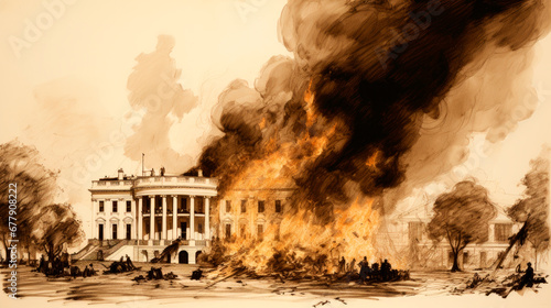 The White House on fire after the British Army attack during the War of 1812