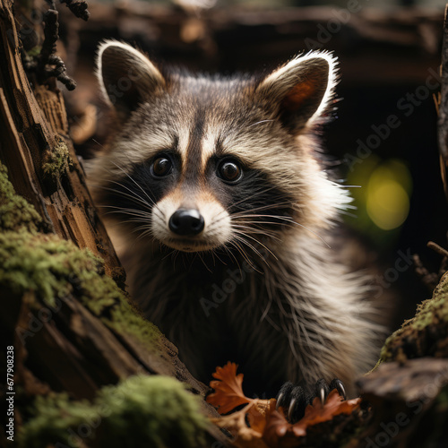 A Curious Raccoon Is Inspecting A Hollow Tree Trunk, Background For Banner, HD