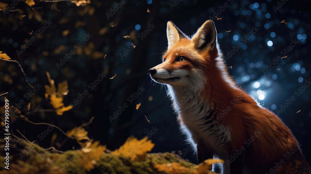 Fototapeta premium A Playful Fox Is In The Moonlit Forest, Background For Banner, HD