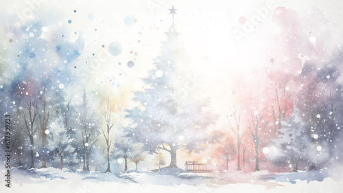 watercolor illustration, decorated Christmas tree, light white background copy space. greeting card, postcard © kichigin19