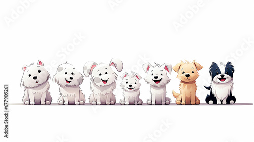 a group of cute cartoon dogs are sitting in a row isolated on a white background