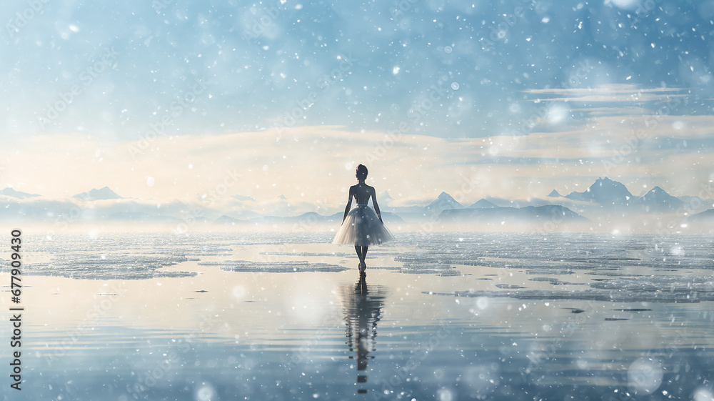 a ballerina in a winter landscape, grace and beauty, the cold of winter nature - obrazy, fototapety, plakaty 