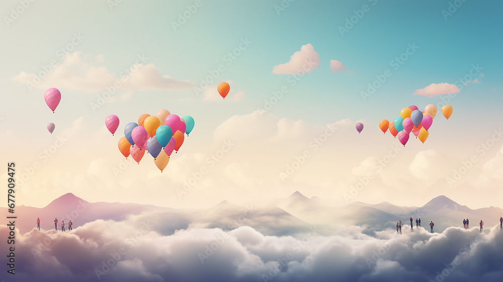 Fototapeta premium panorama of multicolored balloons in the sky above the clouds, background, space, freedom and happiness