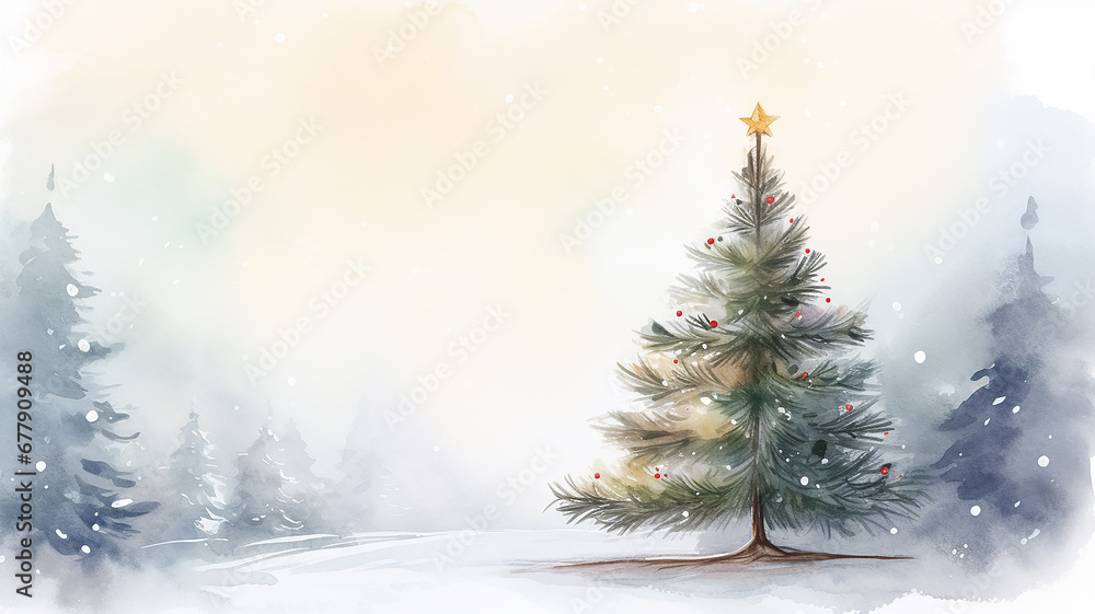 watercolor illustration decorated Christmas tree on a light white background, delicate empty blank for greeting text postcard soft color