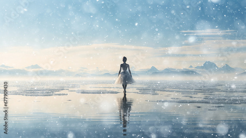 a ballerina in a winter landscape, grace and beauty, the cold of winter nature