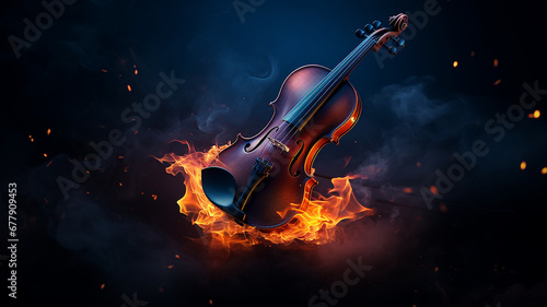 musical background, burning violin on a dark background, hot classical music concept,  album cover melody and rhythm modern graphics photo