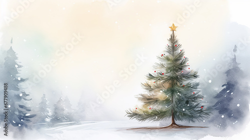 watercolor illustration decorated Christmas tree on a light white background, delicate empty blank for greeting text postcard soft color © kichigin19