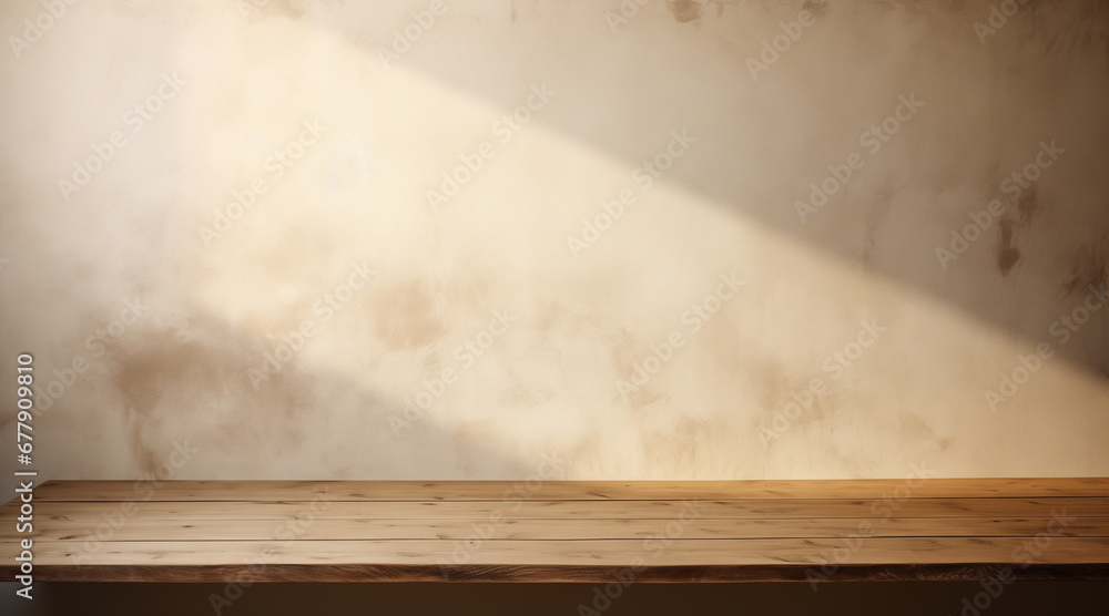 Empty wooden table top near stucco wall with with sunlight falling from the window and shadows. Table top with copy space for product advertising Empty wooden table top near stucco wall with with sunlight falling from the window and shadows. Table top with copy space for product advertising